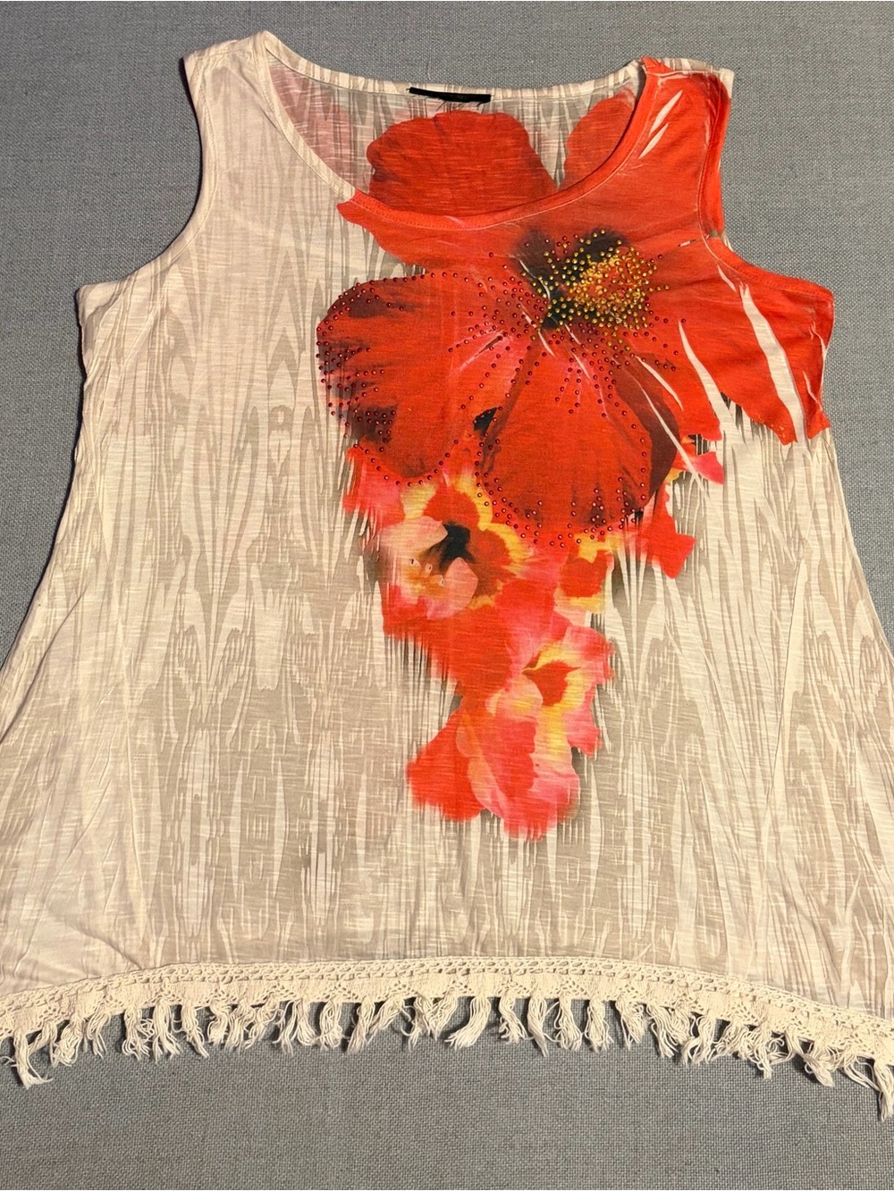 Sleeveless Floral Fringe Tank Top - White with Bright Orange Floral